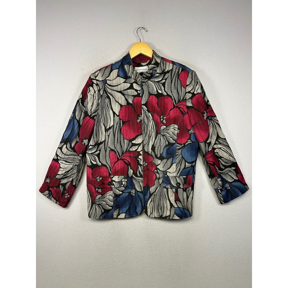 GrandmaCore Alfred Dunner Women 16 Red Blue Floral Zip Mock Neck Textured Jacket